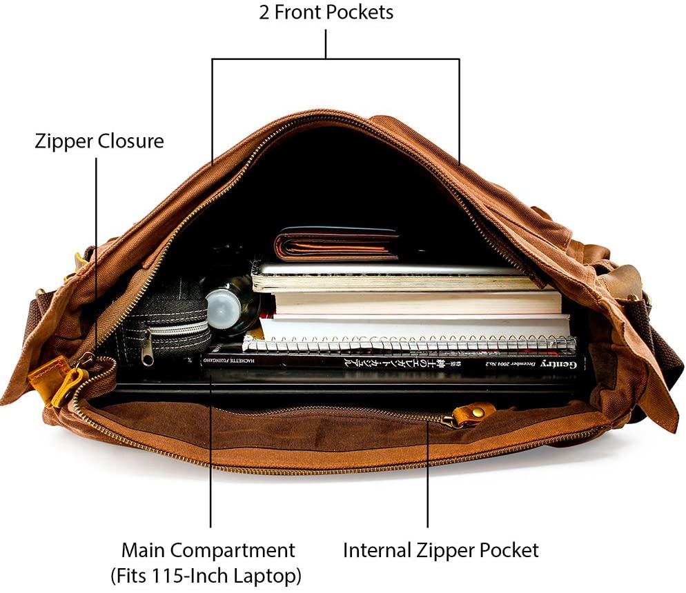 Vintage Waxed Canvas Messenger Bag with Genuine Leather Trim, 17 Inch Retro Crossbody Shoulder Bag, Multi-Purpose Camera & Laptop Satchel for Travel, Photography & Daily Use