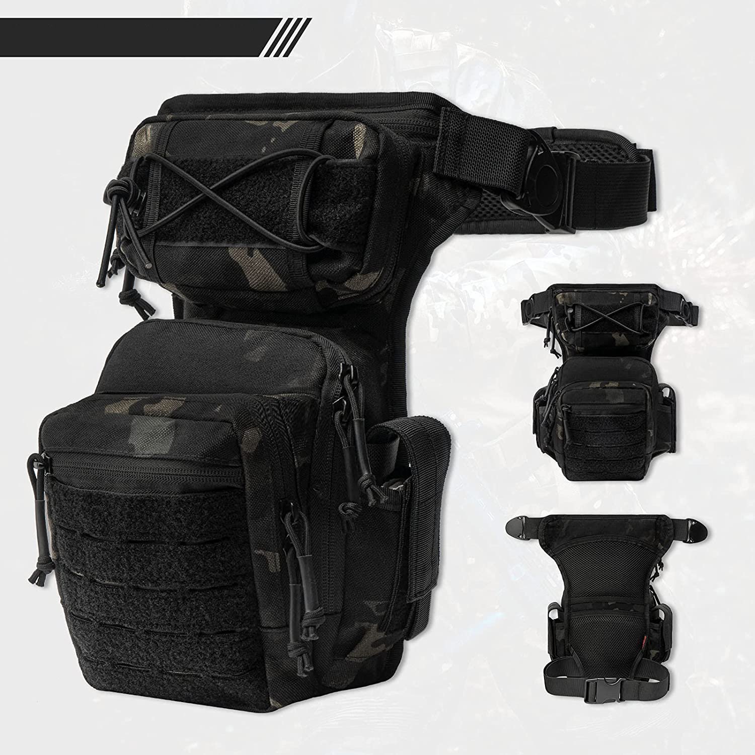 Tactical Drop Leg Bag, Multicam Black Thigh Pack Utility Hip Pouch, MOLLE EDC Leg Bag for Hunting, Shooting, Cycling & Outdoor Daily Carry