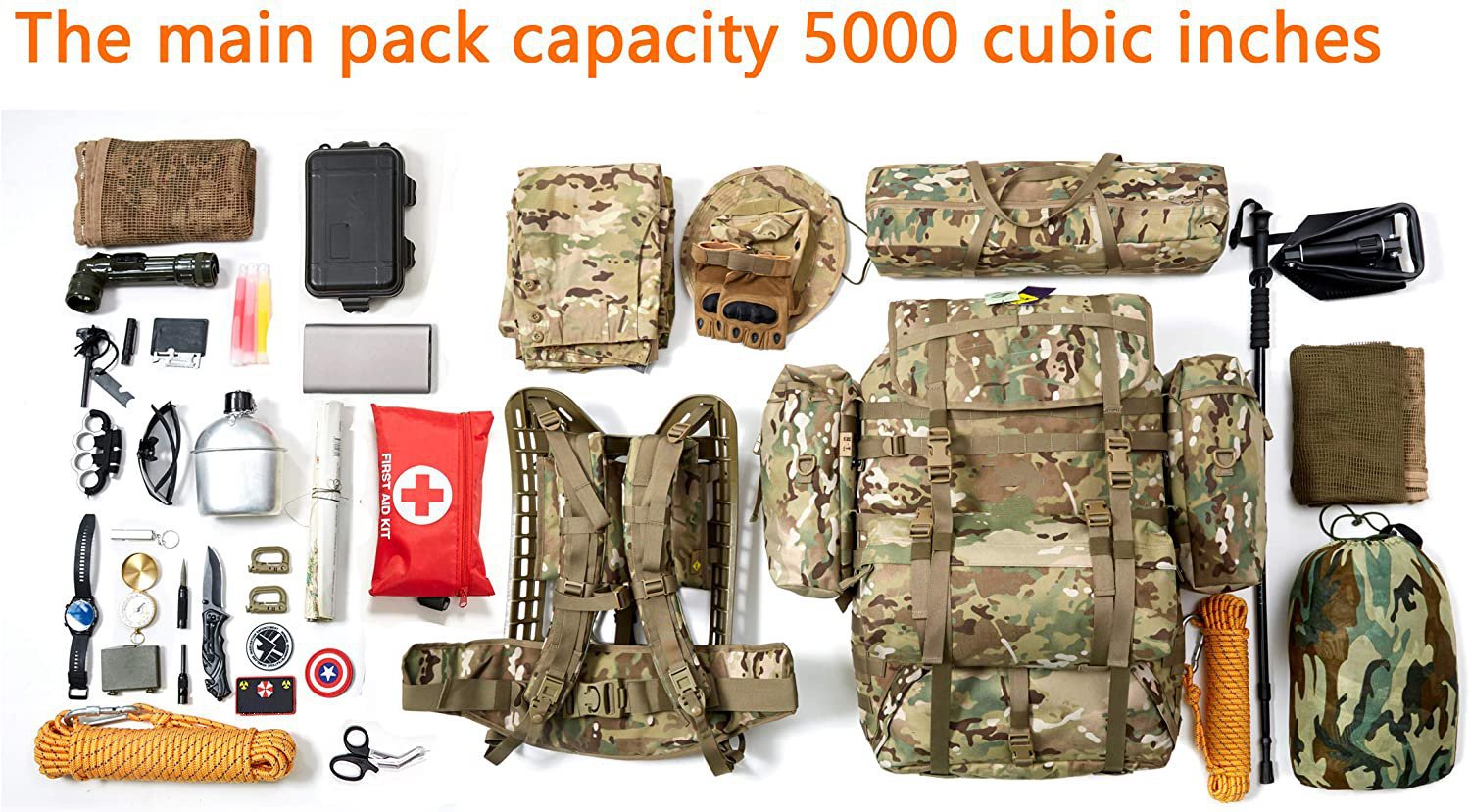 Military External Frame Rucksack Complete Pack System, Multicam Tactical Backpack with Polymer Frame, Detachable Pouches, Load Bearing Harness for Field Expedition, Hiking & Survival