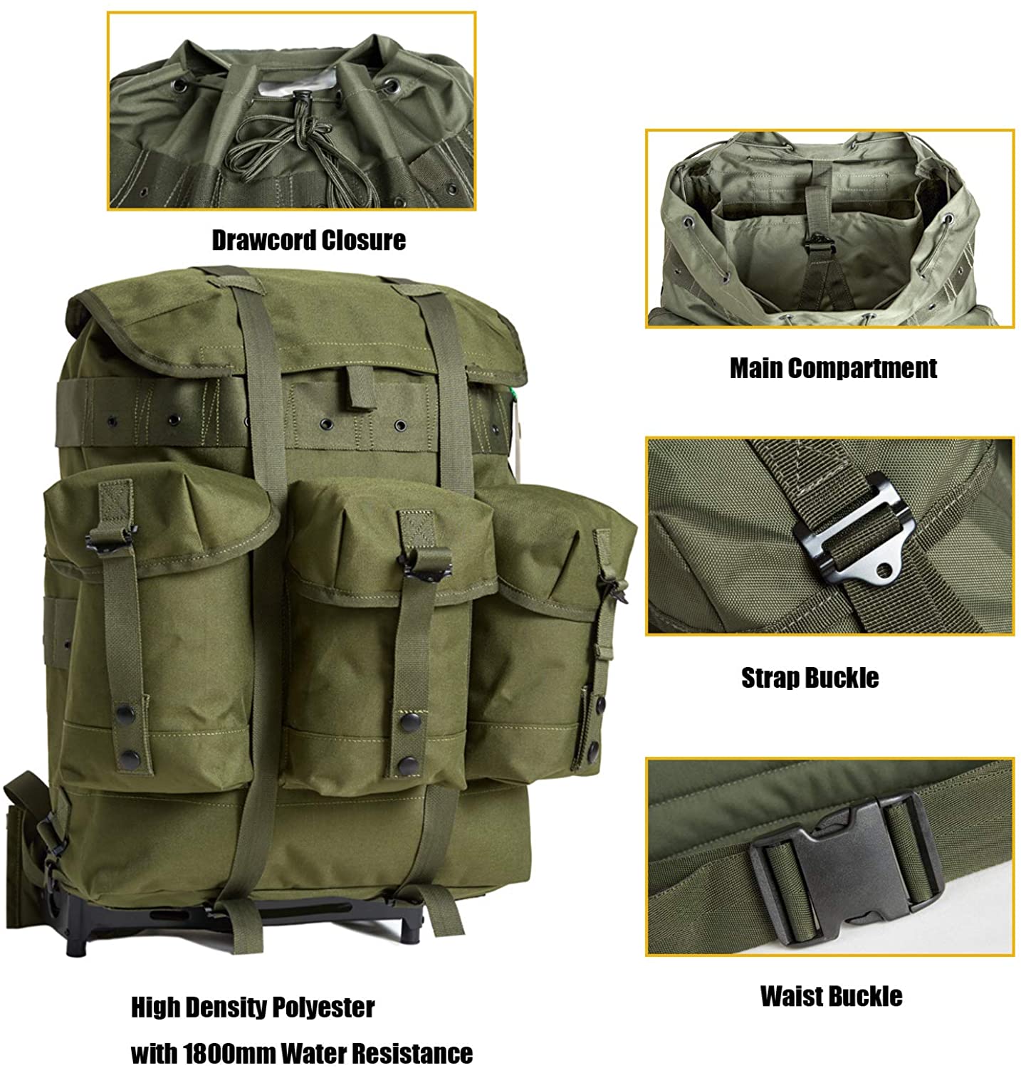 Vintage Olive Military Canvas Rucksack, Large Capacity External Frame Backpack with 3 Detachable Utility Pouches