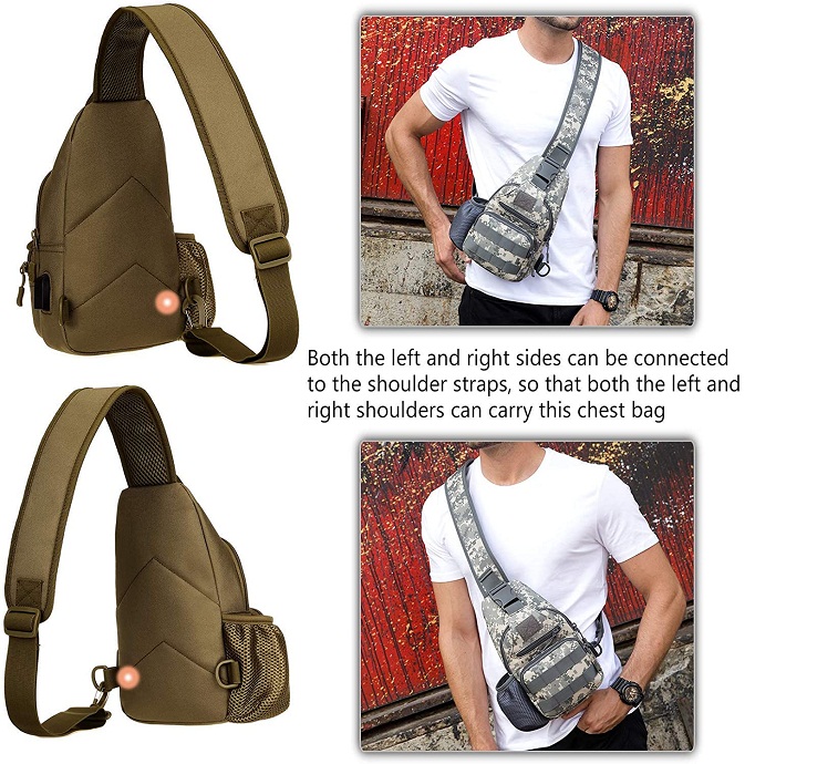Tactical Sling Bag with External USB Charging Port, Lightweight MOLLE Crossbody Chest Pack, Water Resistant EDC Shoulder Bag for Outdoor Hiking Fishing Cycling Daily Carry