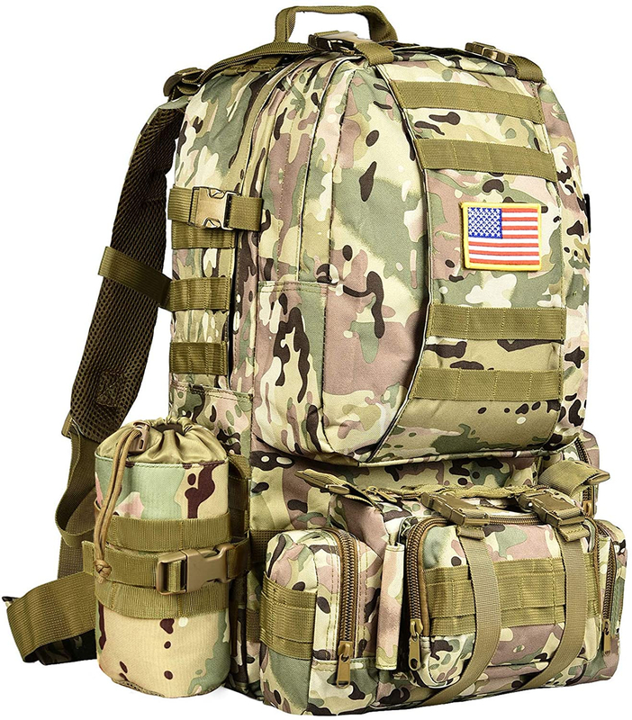 Modular Camouflage Tactical Backpack with Detachable Pouches, Water Resistant MOLLE Military Rucksack Kit with Water Bottle Holder for Hunting Camping Hiking Survival