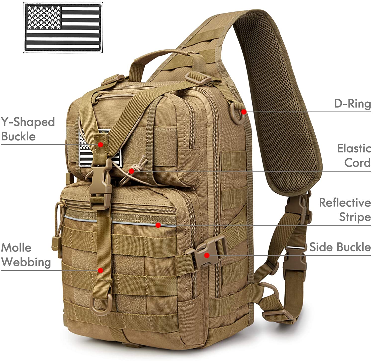 Tactical Sling Bag Crossbody Chest Pack, MOLLE Shoulder Sling Backpack Fits 9.7-inch iPad for EDC Shooting Hiking Fishing Cycling