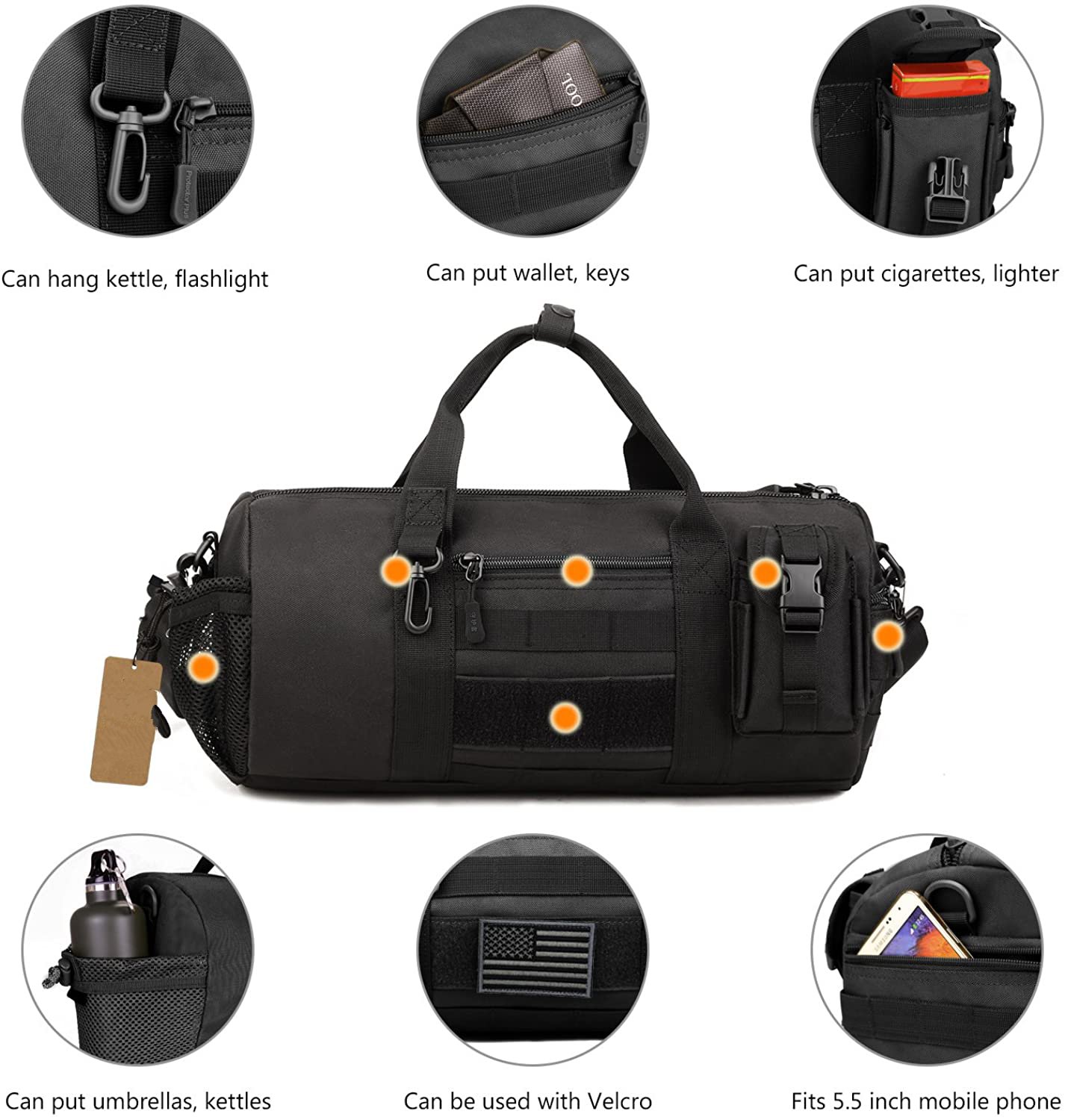 Tactical Cylinder Duffle Bag, Water Resistant Small Gym Sling Bag with MOLLE Webbing, Adjustable Shoulder Strap for Fitness Travel Hiking Motorcycle Daily EDC