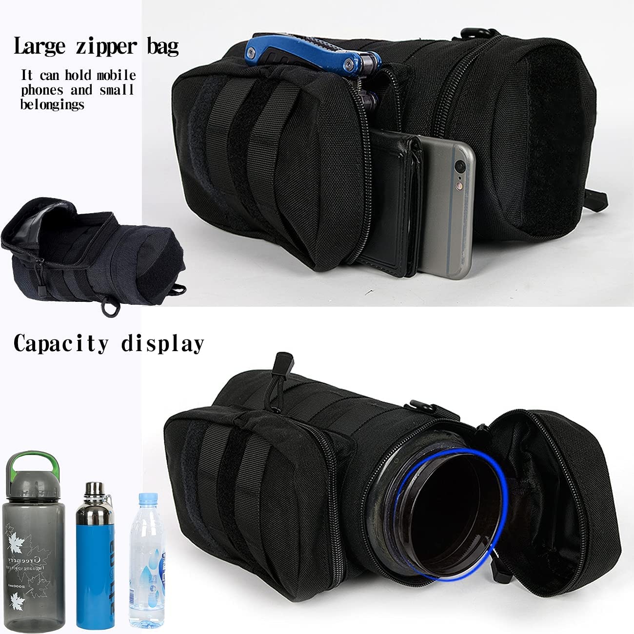 600D Nylon Tactical Water Bottle Pouch, MOLLE Water Bottle Carrier with Detachable Shoulder Strap & Side Storage Pocket for Outdoor Hiking Camping