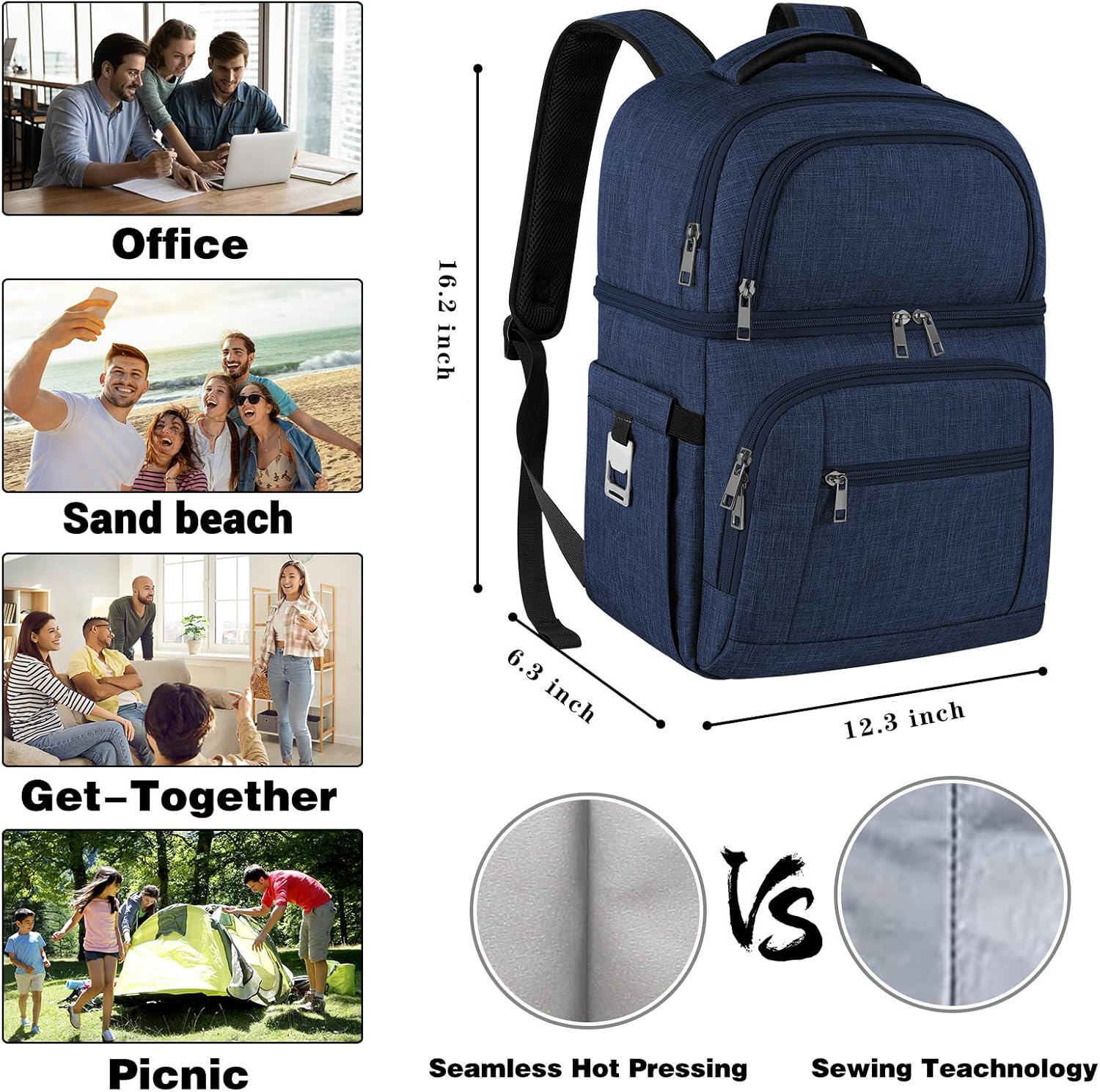 Leakproof Dual Compartment Thermal Cooler Backpack, 12 Hours Cold Retention Insulated Lunch Backpack for Beach, Camping, Office Picnic