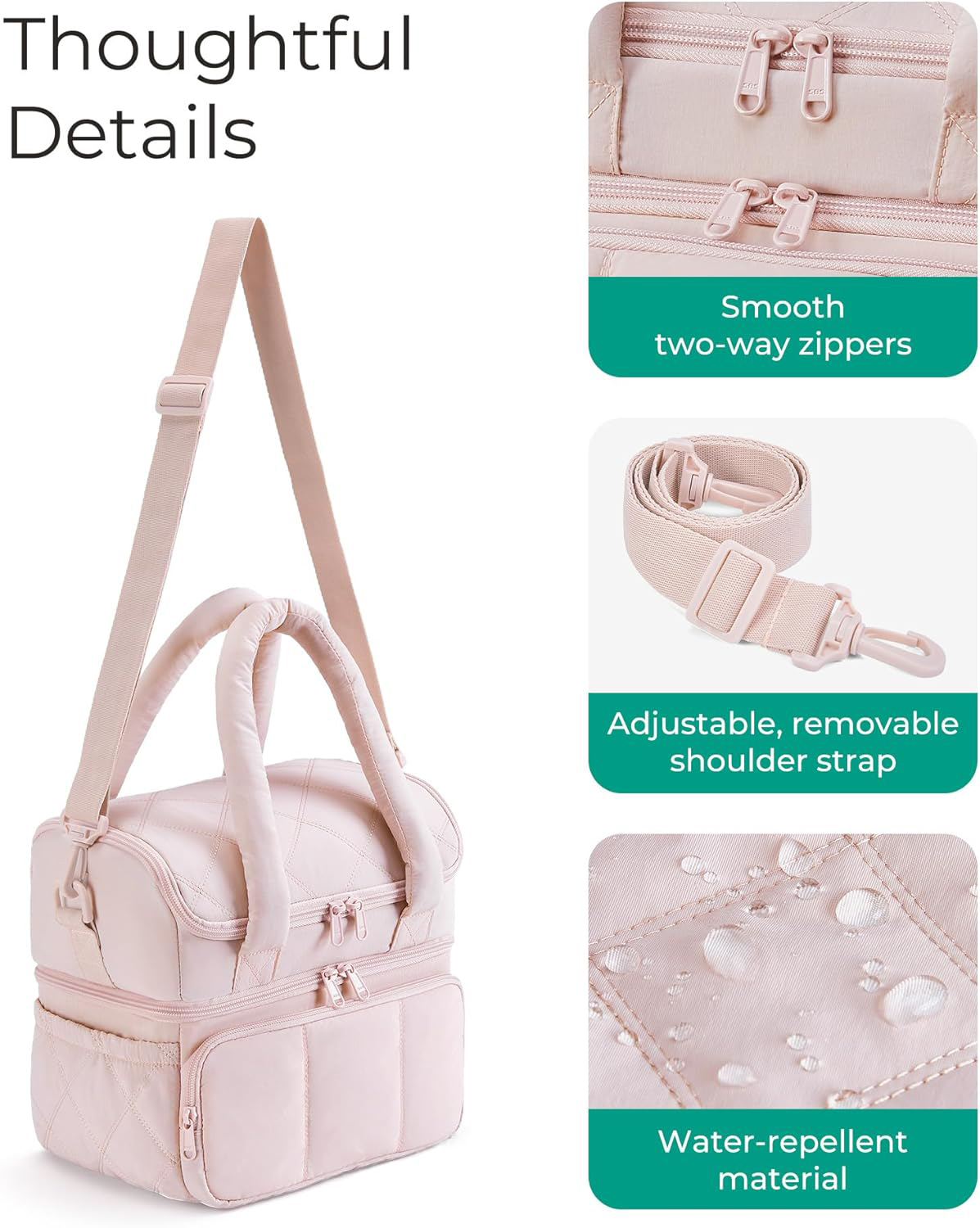 11.8L Two-Tier Insulated Lunch Bag, Quilted Water Resistant Cooler Tote with 12H Cold Retention & Detachable Shoulder Strap for Daily Work & Outdoor Picnic