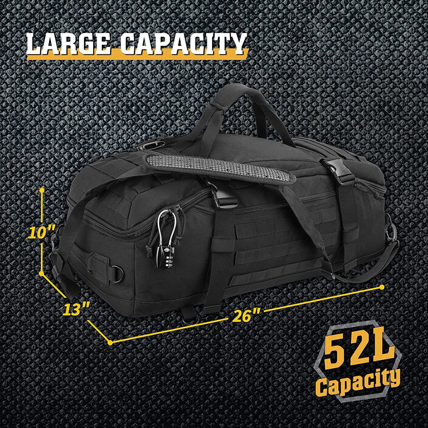 52L Large Tactical Duffle Bag, Heavy Duty MOLLE Travel Duffel Backpack Convertible, Water Resistant Gear Luggage Bag for Shooting, Hunting, Camping, Gym & Outdoor Travel