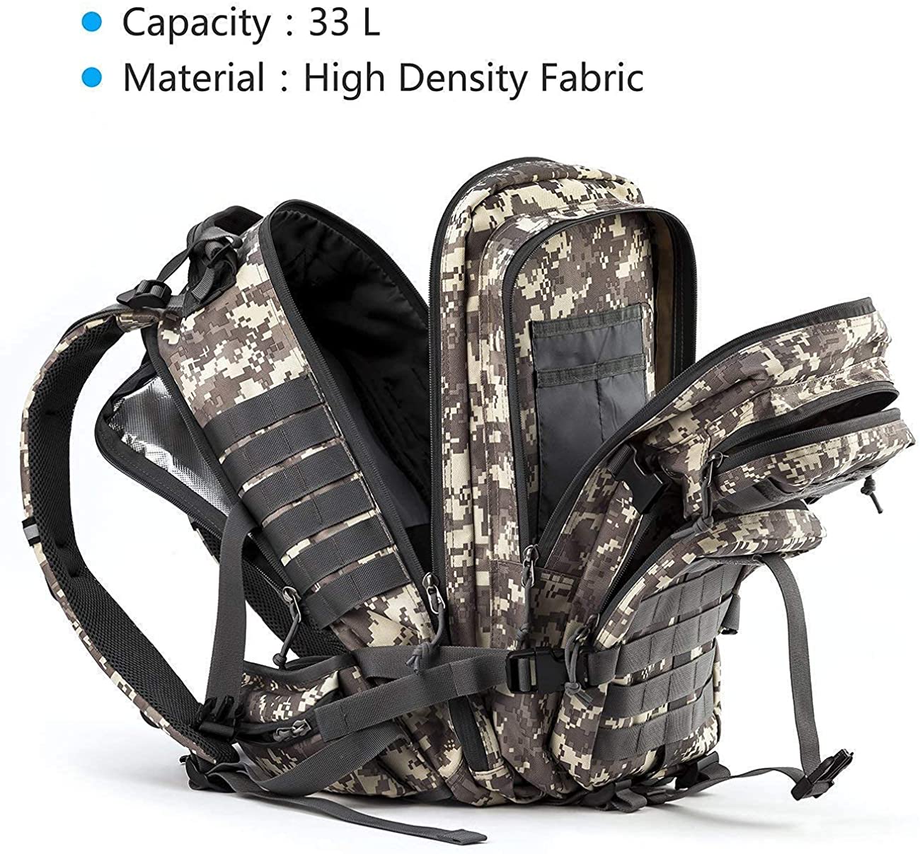33L Digital Camo Tactical Backpack with Insulated Hydration Compartment, MOLLE Military Rucksack Fits 2.5L Water Bladder, Outdoor Hiking Camping Survival Backpack