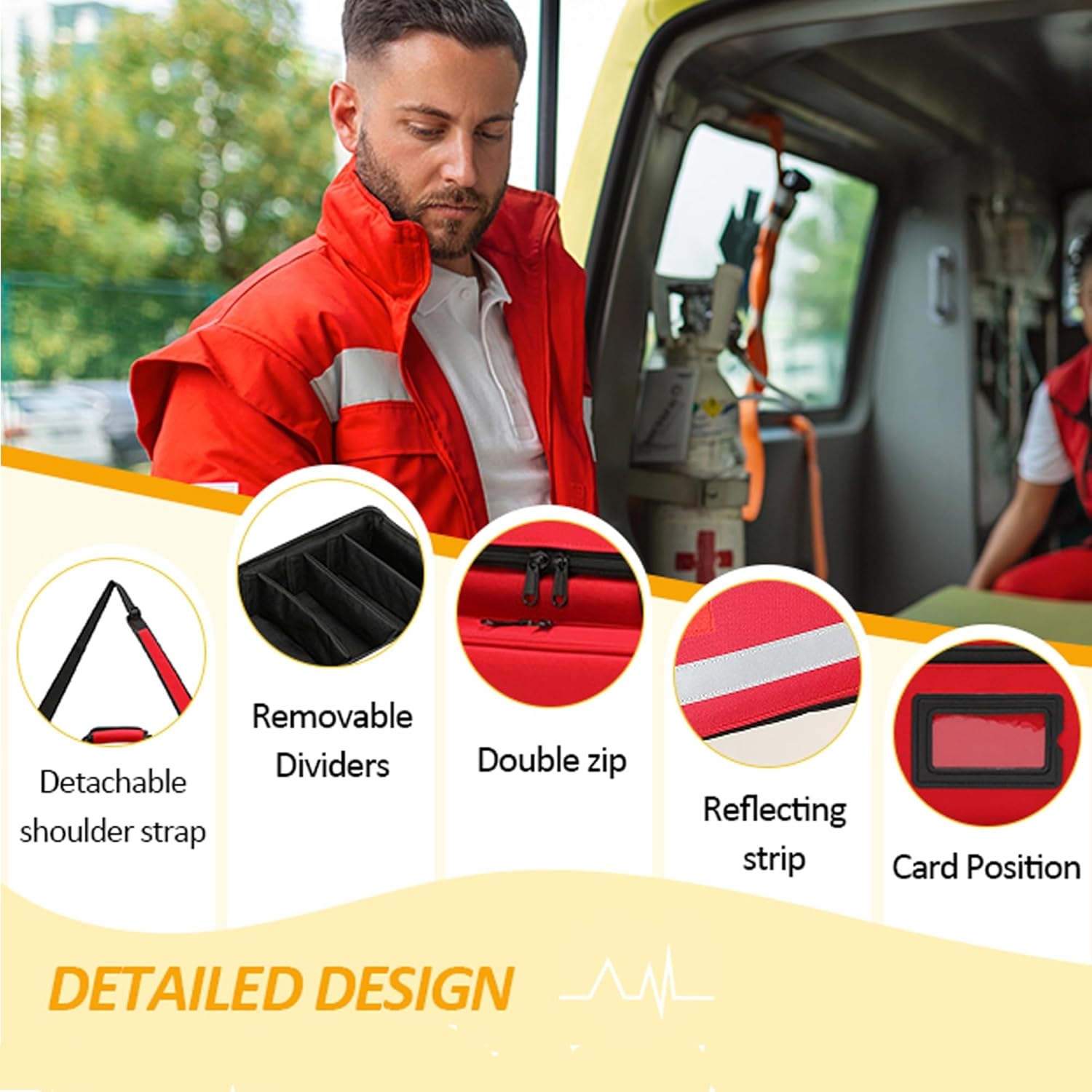 Reflective EMT First Aid Responder Bag, Empty Multi-Compartment Medical Carry Bag with Removable Dividers for Rescue & Household Use
