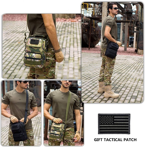 Tactical EDC Crossbody Bag, Multi-Pocket MOLLE Shoulder Sling Pack with Free US Flag Patch, Water Resistant Small Tactical Messenger Bag for Daily Carry, Hiking, Camping & Outdoor