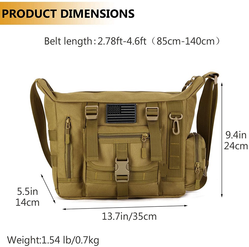 Tactical Messenger Bag, Multi-Pocket MOLLE Crossbody Shoulder Bag with Detachable Accessory Pouch & US Flag Patch