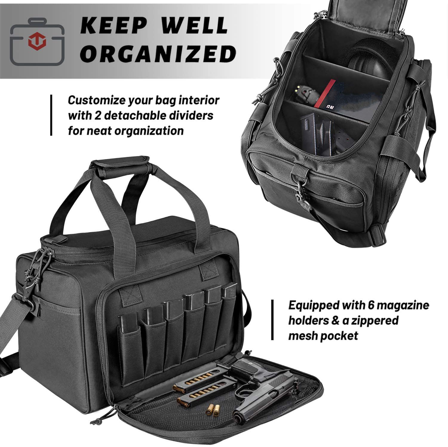 Tactical Range Bag, Multi-Compartment Handgun Shooting Gear Duffle Bag with MOLLE Panel, Padded Firearm Carry Bag with Detachable Shoulder Strap for Shooting Range, Hunting & Tactical Storage