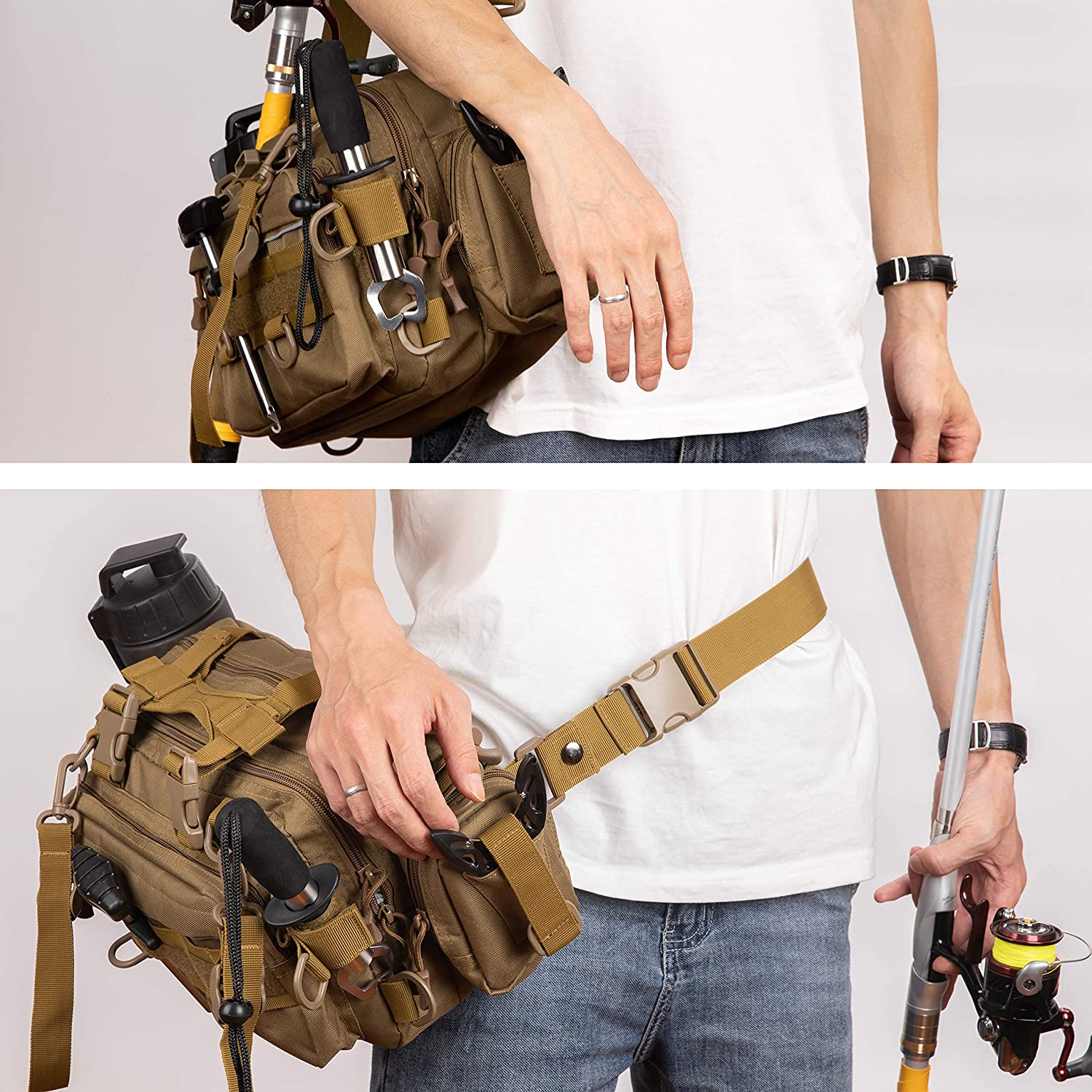 Tactical Fishing Tackle Bag, Multi-Pocket Outdoor Lumbar Gear Bag with Water Bottle Holder, MOLLE Utility Sling Pack for Fishing, Hiking, Camping & EDC Outdoor