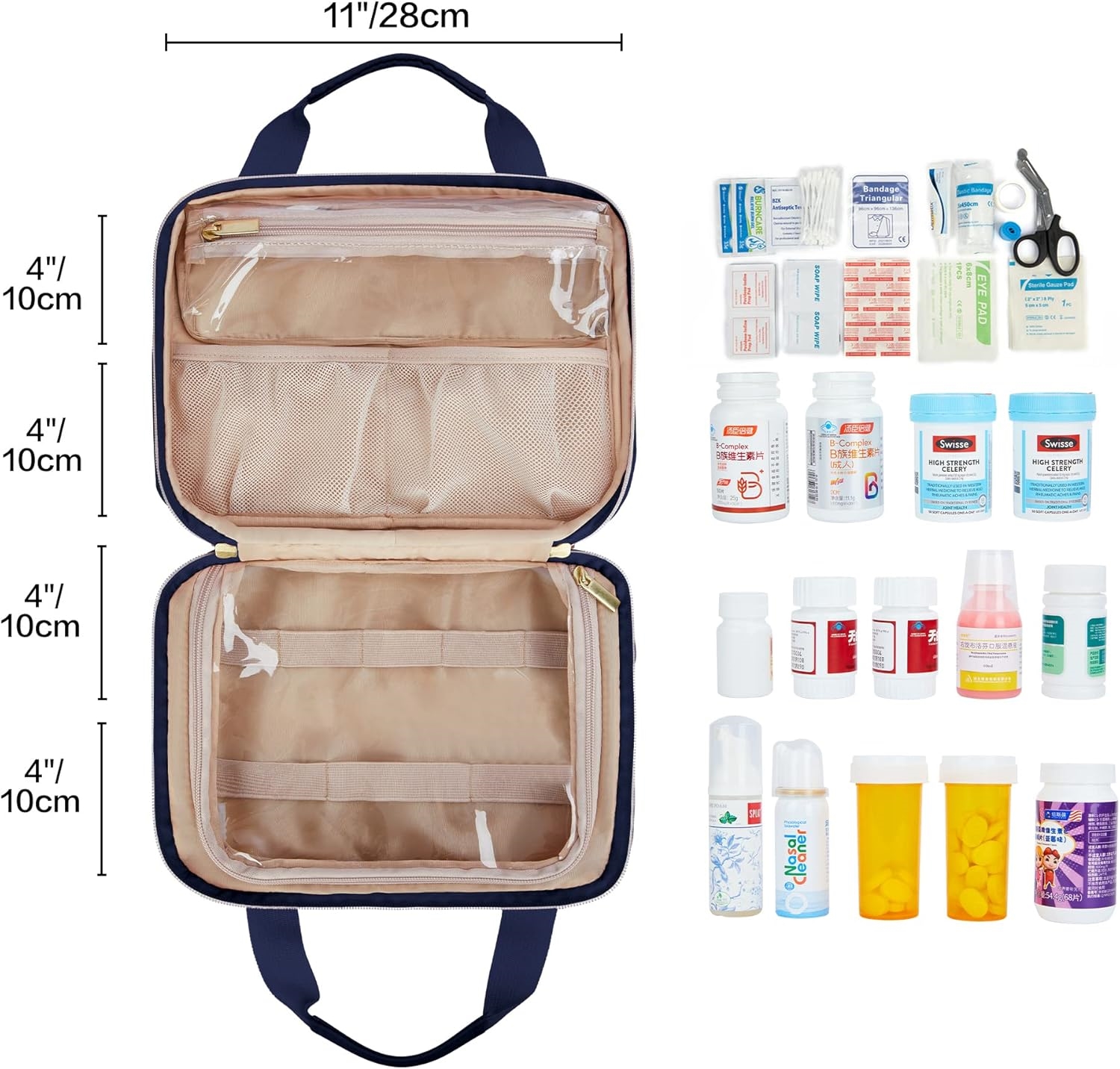 2 Sizes Waterproof Quilted Medicine Carry Bag, Portable Travel Pill Organizer with Front Pocket & Lockable Zippers