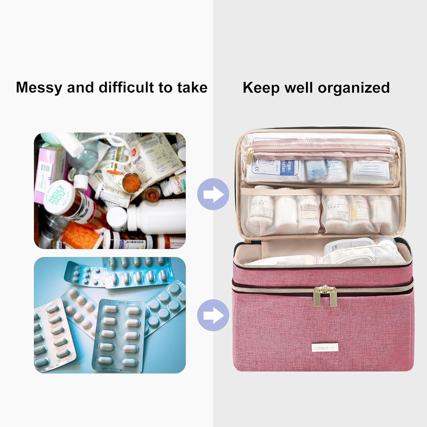 Two-Tier Large Capacity Medicine Carry Bag, Customizable Divider Pill Storage Organizer with Detachable Clear Pouches for Travel & Household