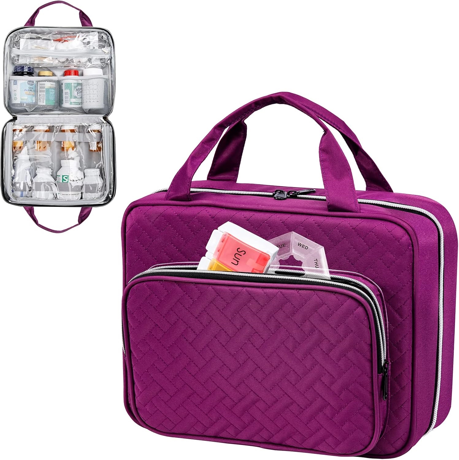 Spacious Clear Interior Medicine Carry Bag, Waterproof Quilted Pill Storage Organizer with Detachable Inner Bag for Travel & Household Medication