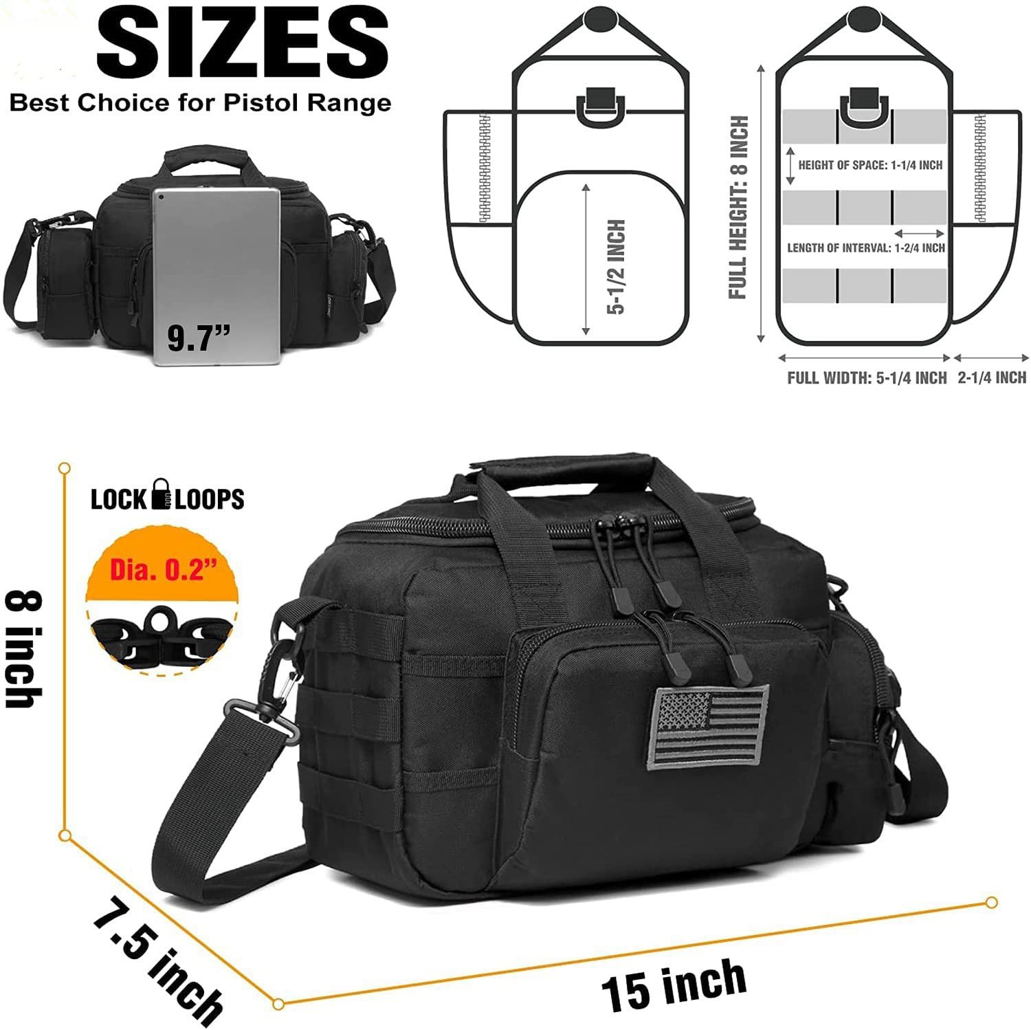 Tactical Pistol Range Bag, Compact Shooting Gear Duffle Bag with Lock Loops, MOLLE Handgun Carry Bag for Shooting Range, Hunting & Tactical Training