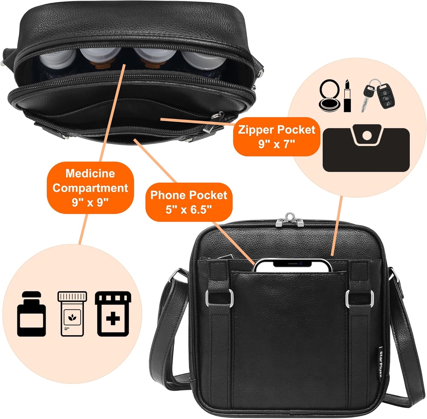 Leather-Look Crossbody Medicine Carry Bag, Multi Compartment Travel Pill Storage Crossbody Bag with Adjustable Shoulder Strap