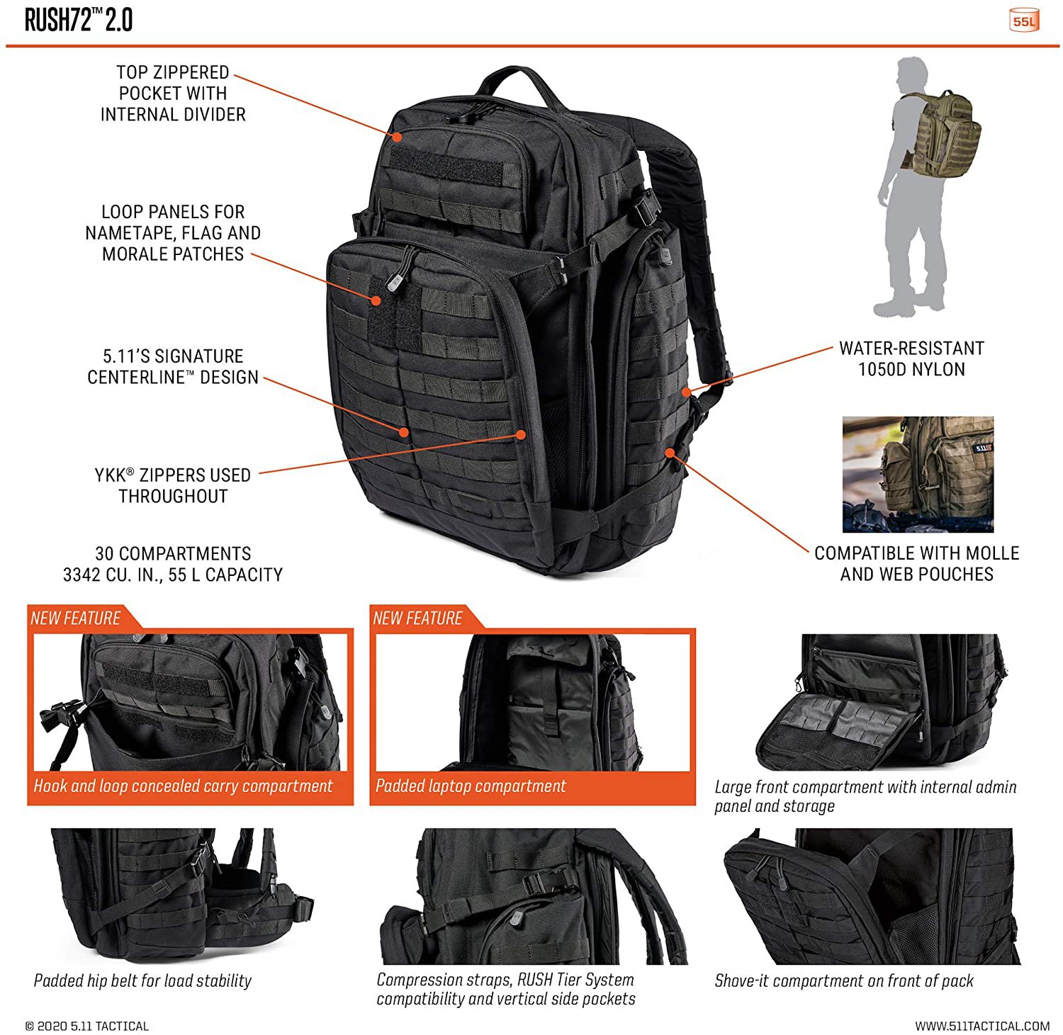 55L Rush72 2.0 Tactical Backpack, 1050D Water Resistant Nylon Military Rucksack with CCW Pocket & Laptop Sleeve for Outdoor Survival Hunting