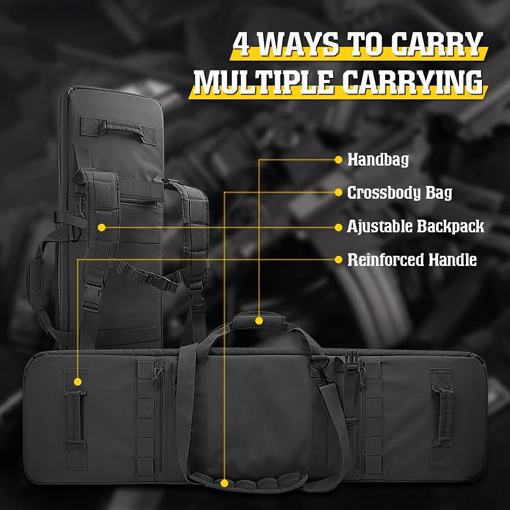 Padded Tactical Rifle Gun Bag, Water Resistant Molle Soft Long Firearm Case with Dual Pistol Pockets for Shooting Range Hunting Transport