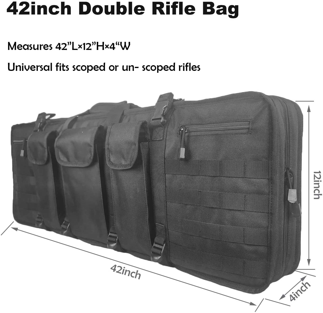 42 Inch Double Rifle Soft Bag, Water Resistant Molle Tactical Long Gun Case with Triple Mag Pouches for Hunting Shooting Transport