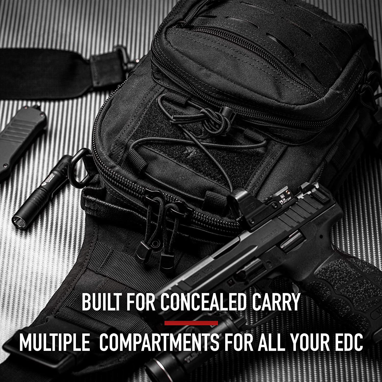 Concealed Carry CCW Tactical Sling Bag, 600D Weatherproof Laser Cut Molle Crossbody Backpack with Dual Padded Gun Compartments