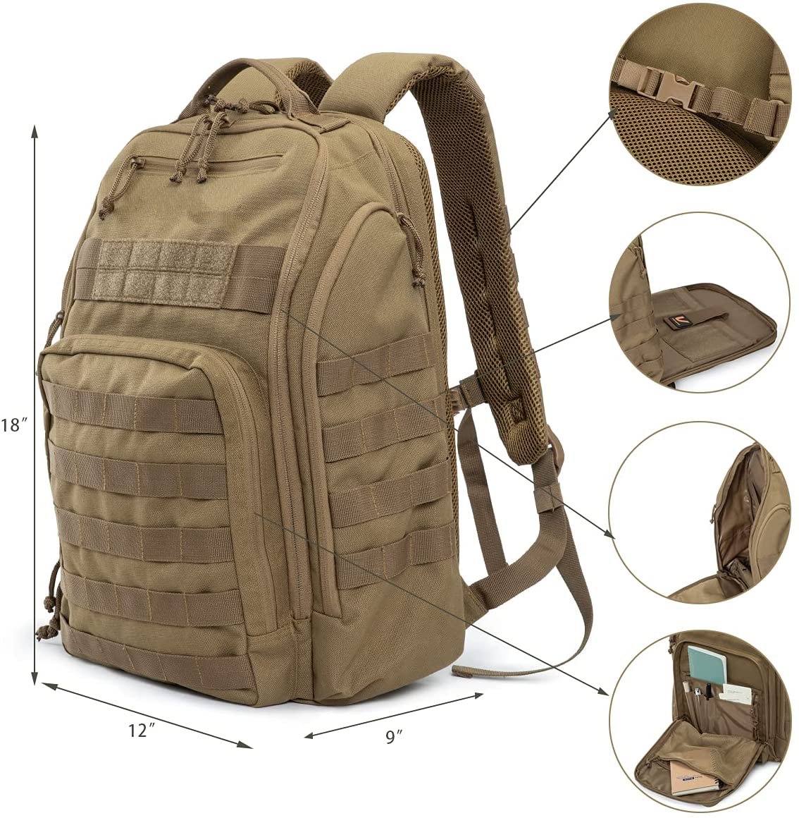 Tactical Backpack Coyote Brown, Water Resistant Molle Military Rucksack with Built-in Admin Pocket & Laptop Compartment for Outdoor Work Travel