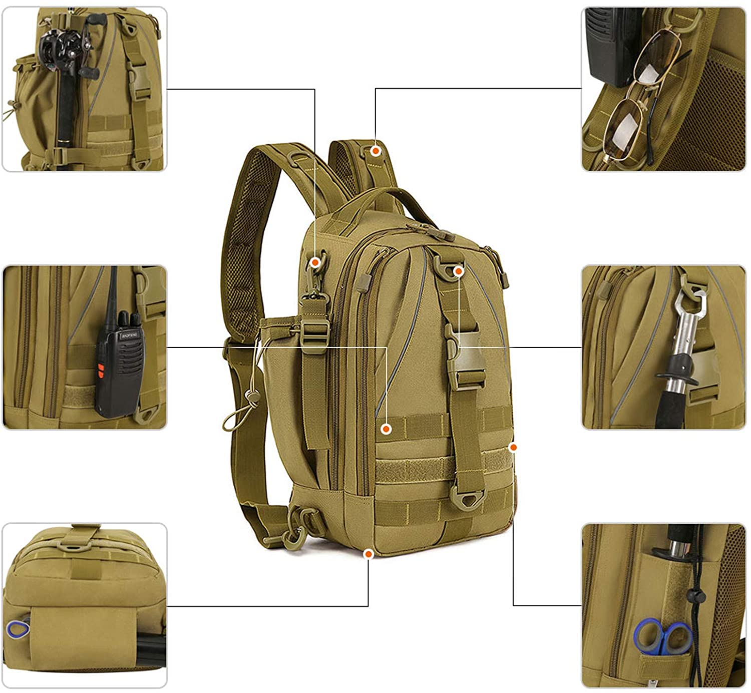 Water Resistant Tactical Fishing Sling Pack, Multi-Pocket Crossbody Chest Bag with Rod Holder for Fishing Hunting