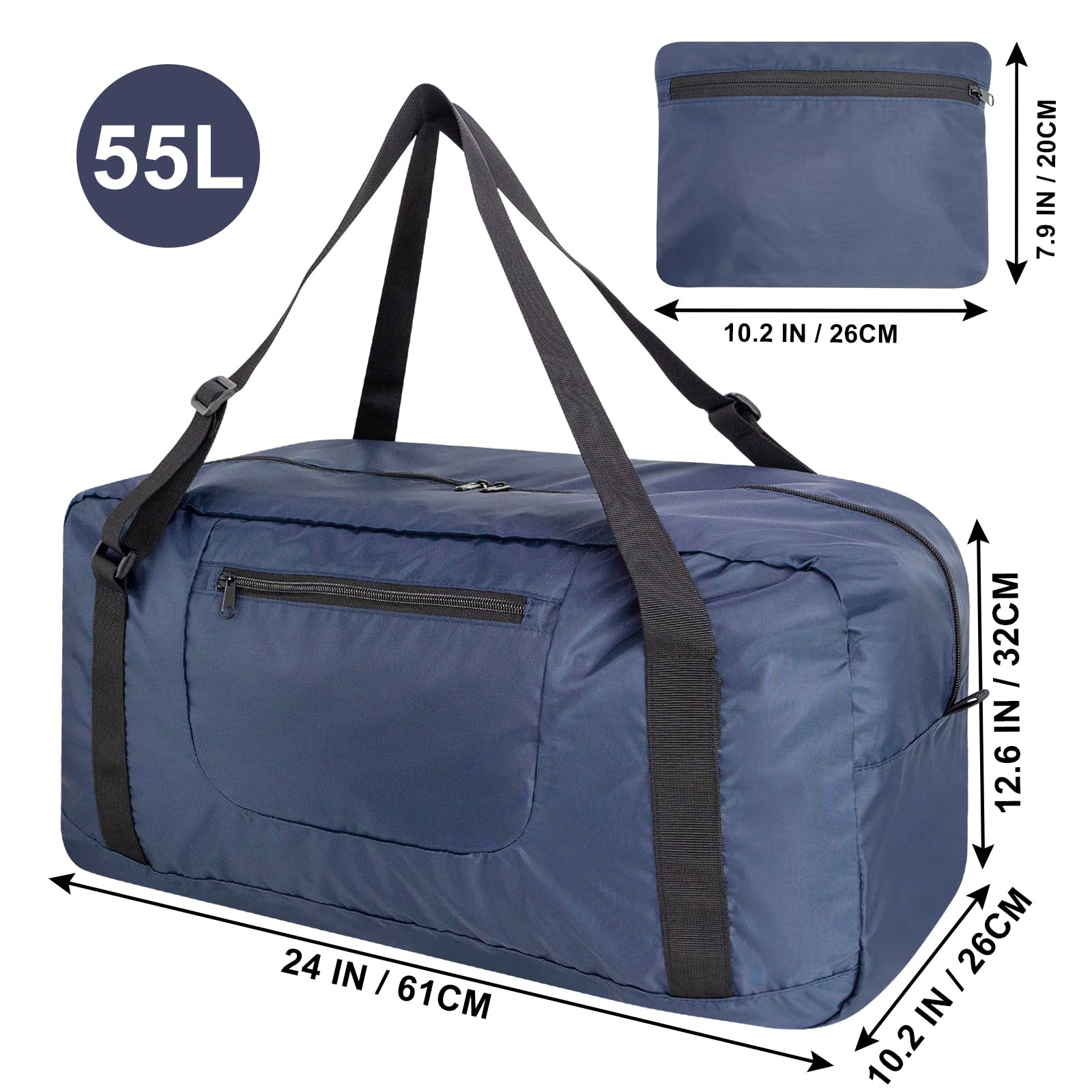 55L Foldable Water Repellent Duffle Bag, Large Capacity Packable Travel & Gym Carry Bag with Adjustable Straps