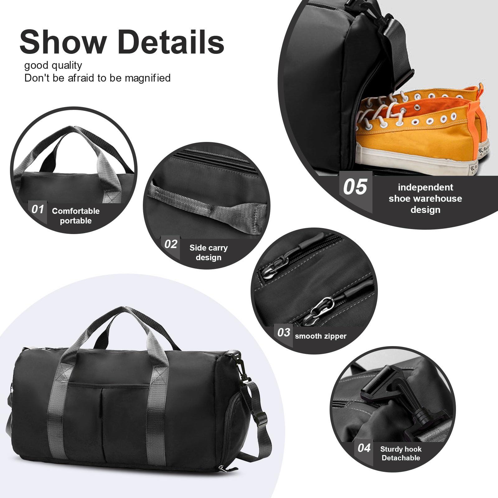 Large Capacity Sports Gym Duffle Bag, Waterproof Travel Overnight Bag with Detachable Shoulder Strap & Separate Shoe Pocket