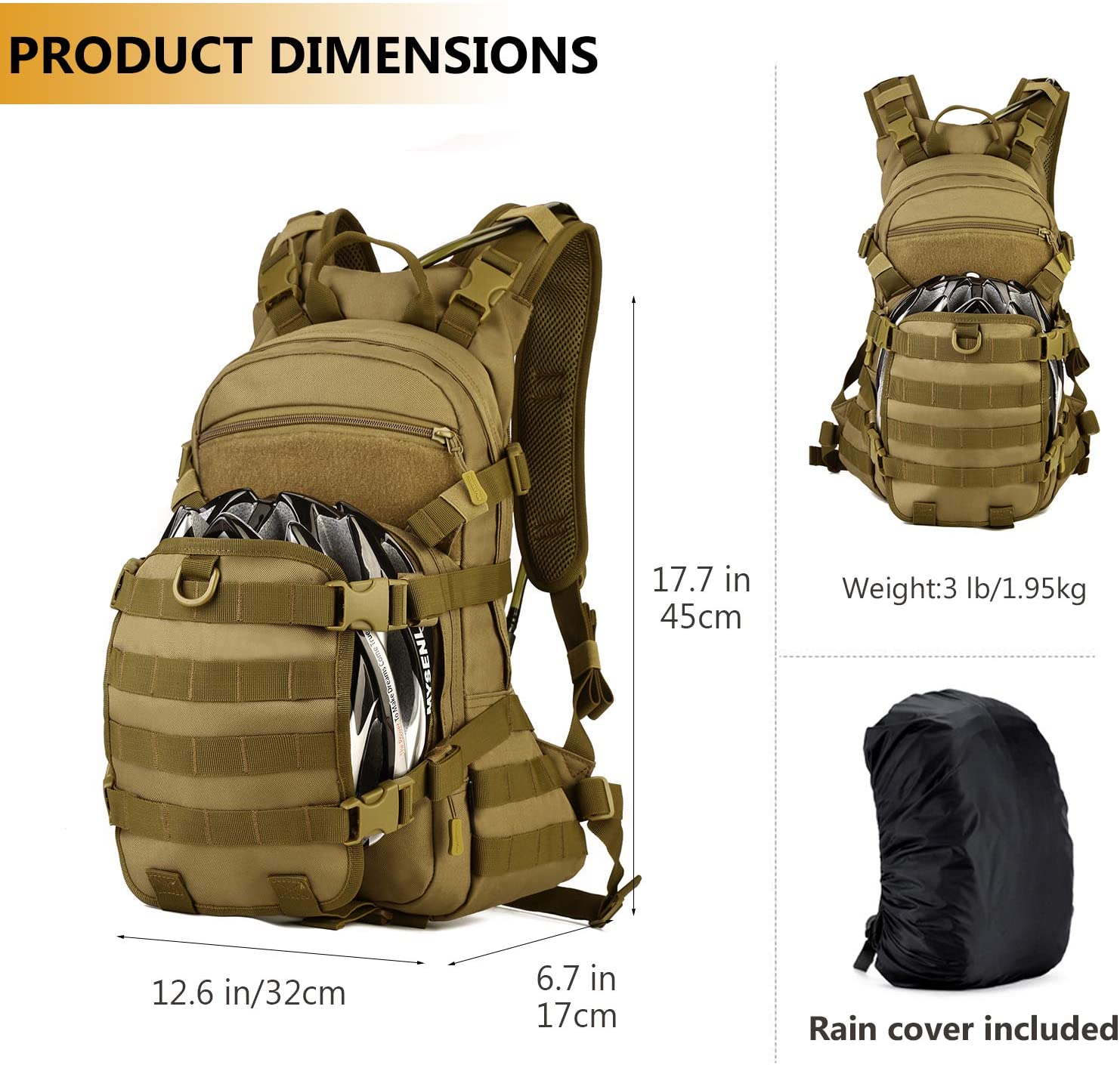 Coyote Brown Tactical Daypack, MOLLE Modular Backpack with Waterproof Rain Cover, Lightweight Outdoor Backpack for Hiking, Shooting Range, Camping & EDC