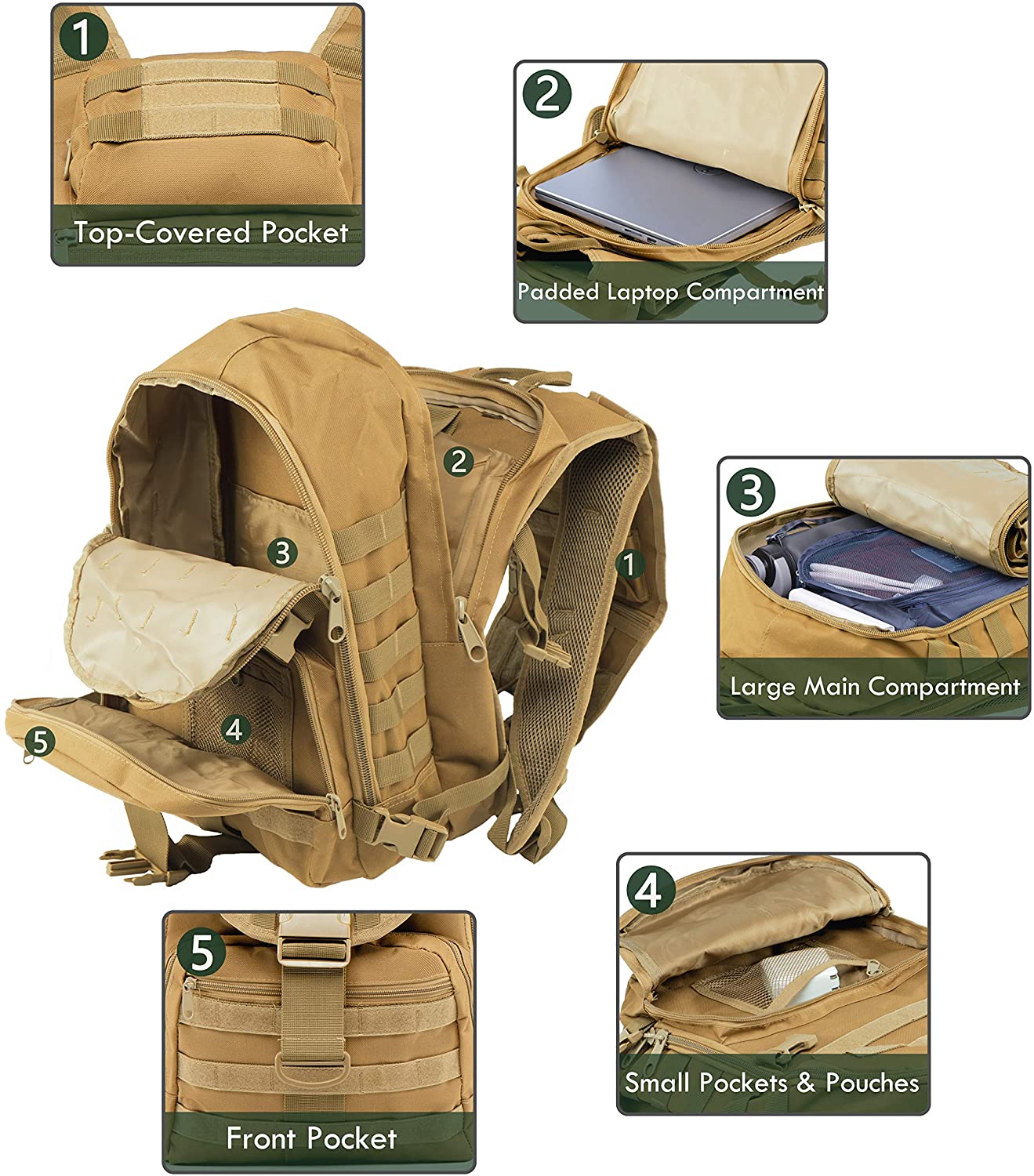 Coyote Brown MOLLE Tactical Backpack, Multi-Pocket Outdoor Rucksack with Detachable Top Pouch, Lightweight Pack for Hiking, Hunting, Camping & Shooting Range