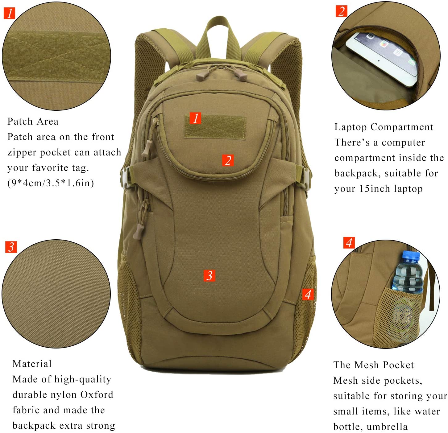 35L Lightweight Tactical Backpack, 900D Nylon Oxford Outdoor Daypack, Hiking Rucksack for Camping, Trekking & Daily EDC
