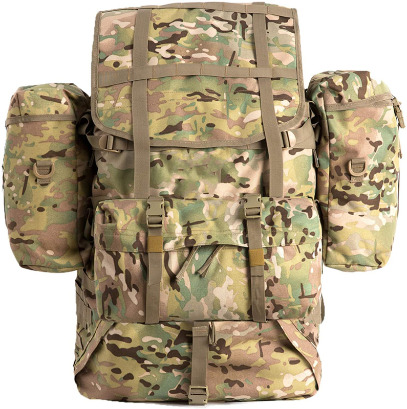 Military External Frame Rucksack Complete Pack System, Multicam Tactical Backpack with Polymer Frame, Detachable Pouches, Load Bearing Harness for Field Expedition, Hiking & Survival