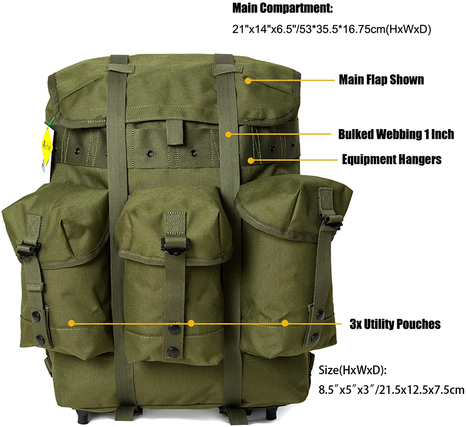 Vintage Olive Military Canvas Rucksack, Large Capacity External Frame Backpack with 3 Detachable Utility Pouches