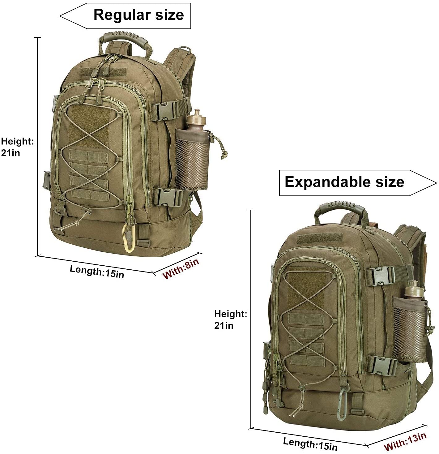 Expandable Tactical Backpack, Adjustable Capacity MOLLE Military Daypack with Detachable Water Bottle Holder for Hiking Shooting Camping Travel