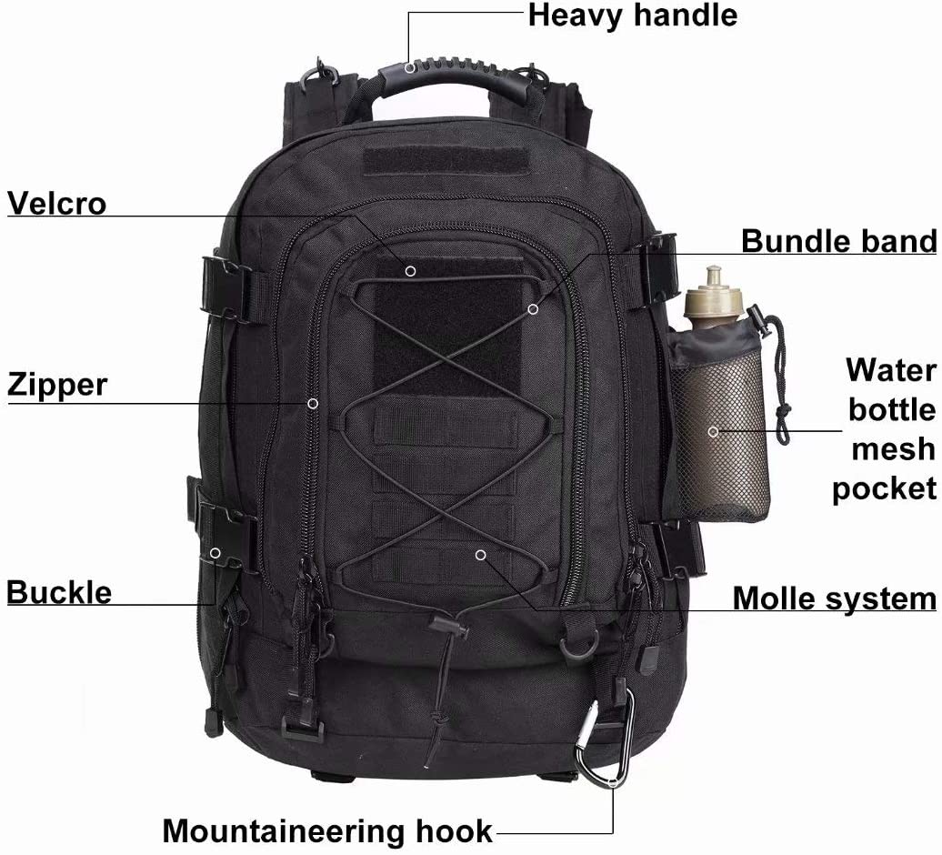 Expandable Tactical Backpack , Water Resistant Military Rucksack, Adjustable Capacity Outdoor Backpack with Water Bottle Holder