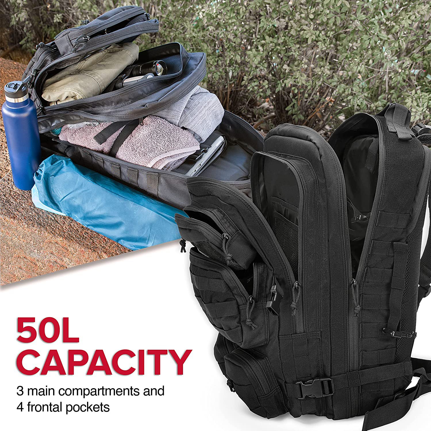 50L Large Military Tactical Backpack, Multi-Compartment Waterproof MOLLE Daypack for Camping Hiking Shooting Travel