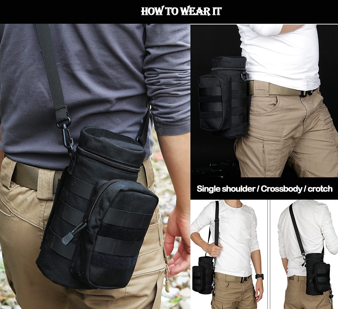 600D Nylon Tactical Water Bottle Pouch, MOLLE Water Bottle Carrier with Detachable Shoulder Strap & Side Storage Pocket for Outdoor Hiking Camping