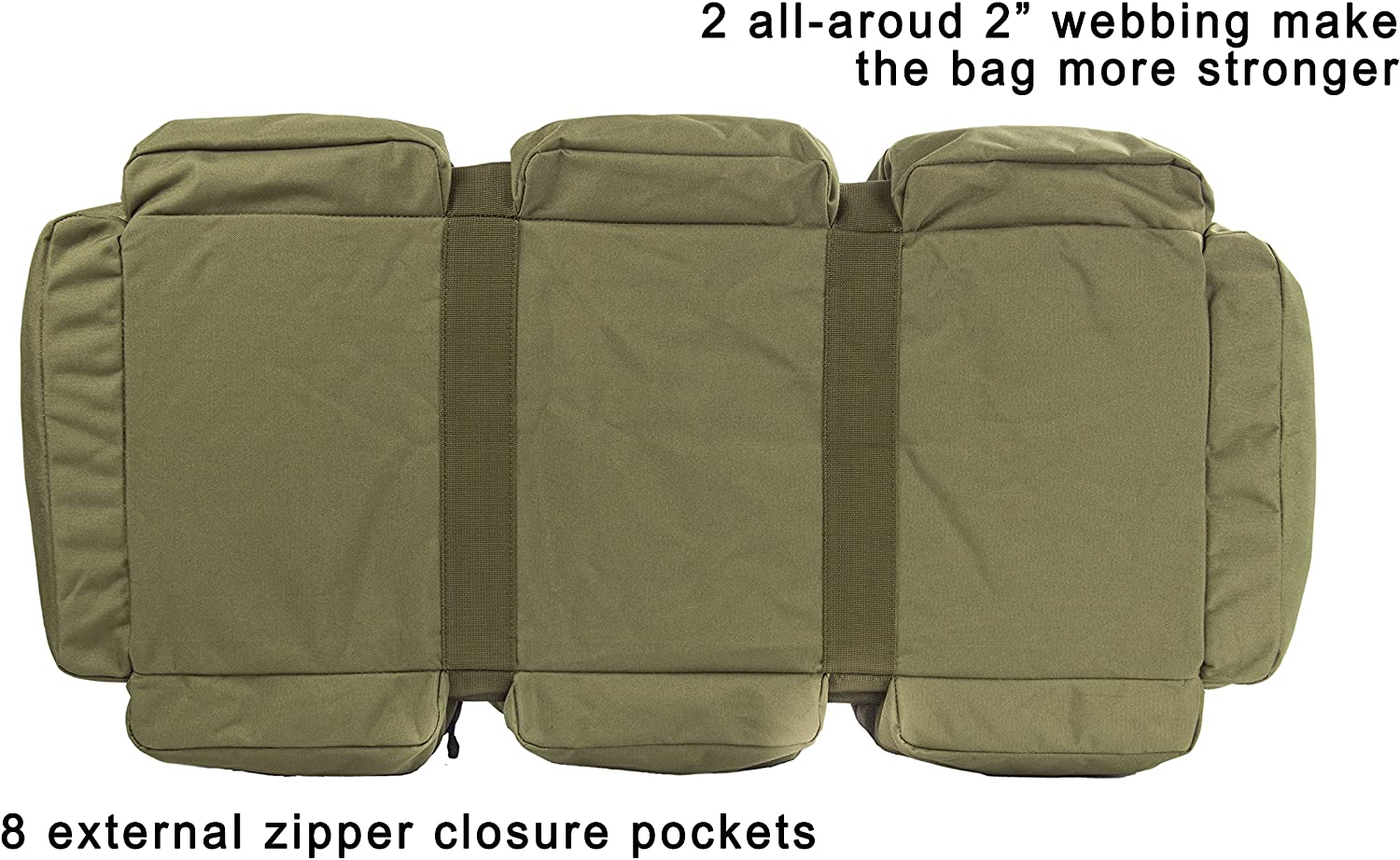 Large Tactical Duffle Range Bag, Heavy Duty Military Gear Bag with 8 External Zipper Pockets, Reinforced 2" Webbing Straps for Shooting Hunting Camping Travel Storage