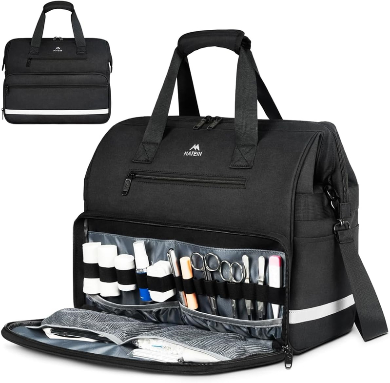 Reflective Large Medical Nurse Bag, Multi-Compartment Empty EMT First Aid Organizer for Home Visits & Clinical Use