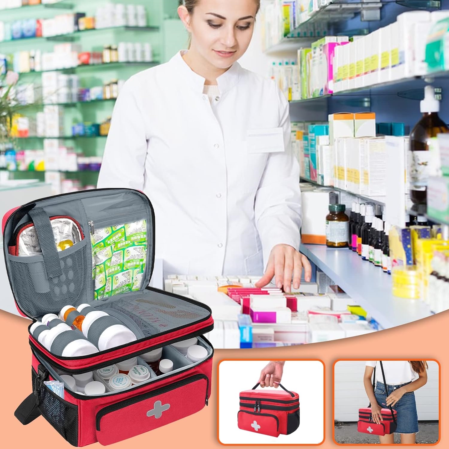 Double Layer Medicine Storage Bag, Large Empty Family First Aid Kit Organizer with Detachable Small Pouch for Travel & Household Use