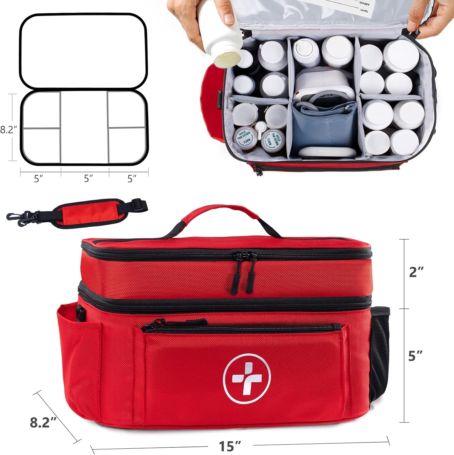 Waterproof Medication Travel Bag, Empty Multi-Compartment Pill Bottle Organizer Bag with Removable Dividers for Daily Medical Supplies