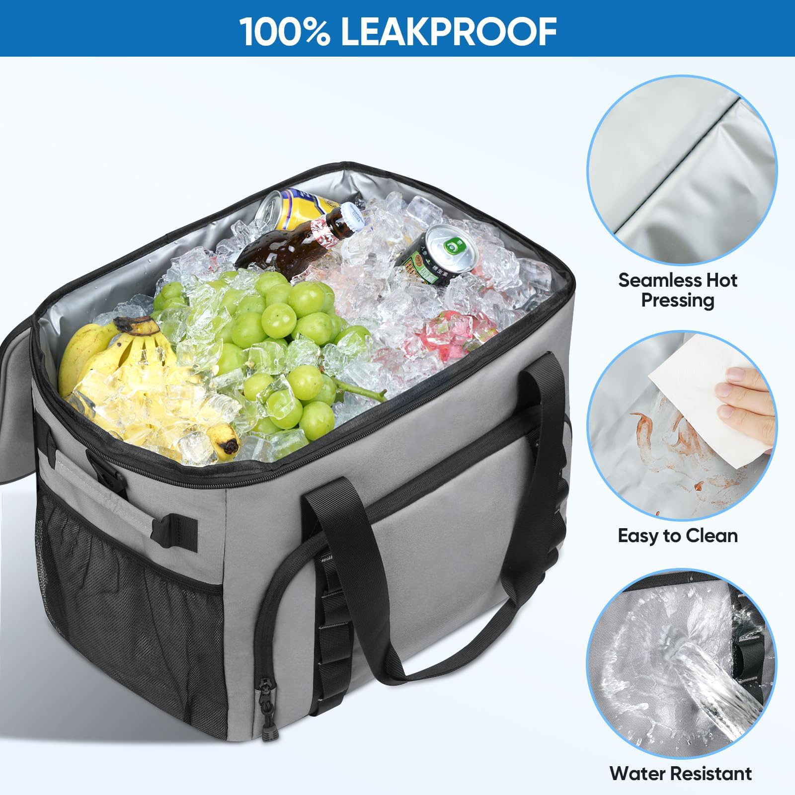 Foldable Large Insulated Cooler Bag, 100% Leakproof Seamless Liner Water Resistant Soft Cooler Tote for Outdoor Beach Camping Picnic Grocery