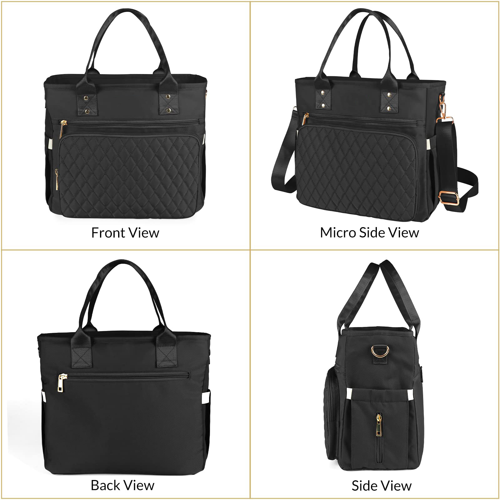 Quilted Multi-Pocket Insulated Lunch Bag, Waterproof Large Capacity Thermal Tote with Detachable Adjustable Shoulder Strap for Office & Daily Picnic