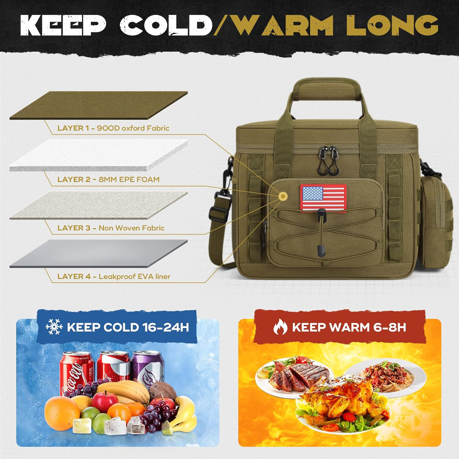 15L Tactical Insulated Cooler Bag, Long Lasting 16-24H Cold Retention Waterproof Soft Cooler Tote for Outdoor Fishing Camping Hunting