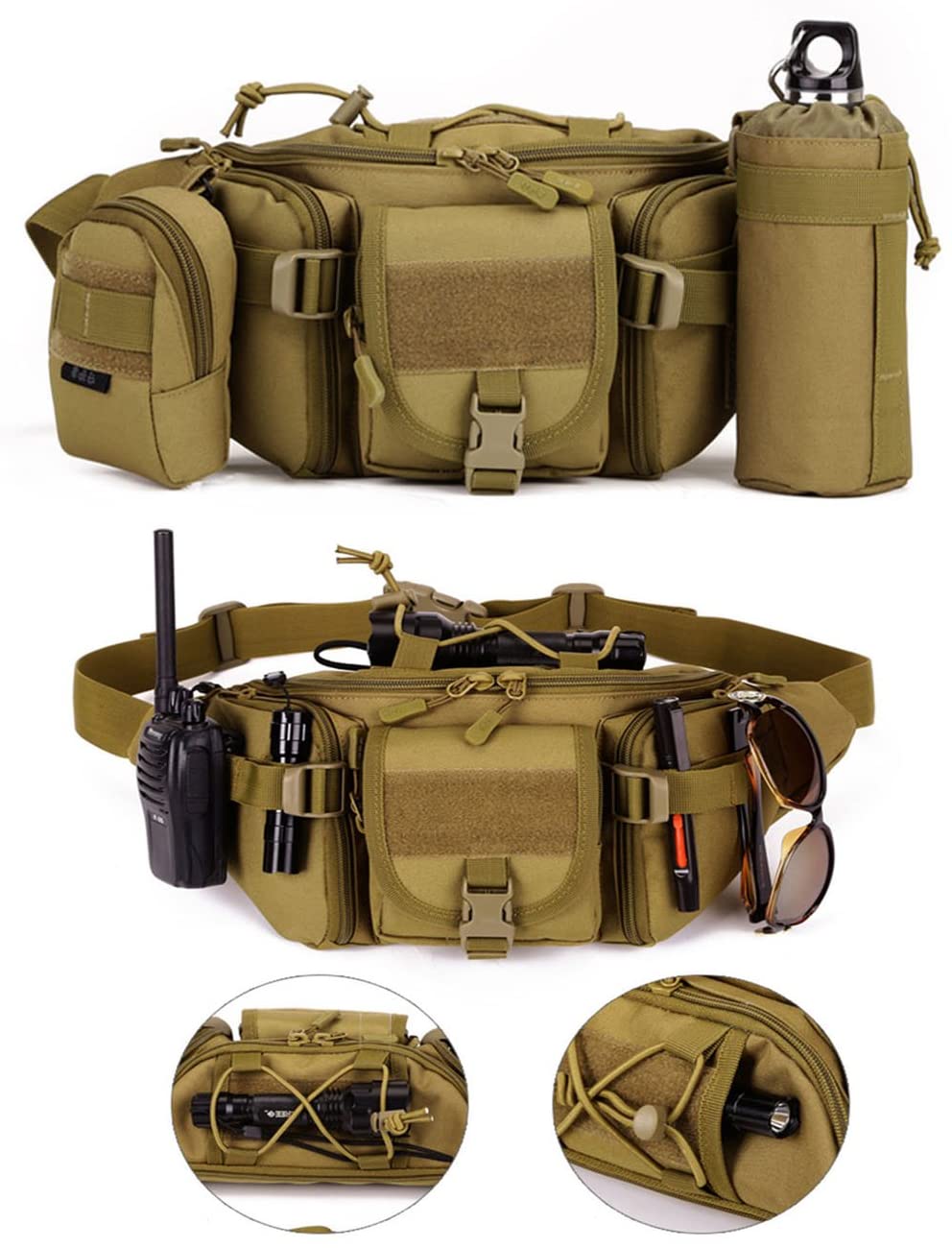 Tactical Fanny Pack, Multi-Pocket Waterproof Waist Bag with Hook-and-Loop Panel, Adjustable Hip Belt Bag for Hiking, Cycling, Camping, Daily EDC & Outdoor Activities