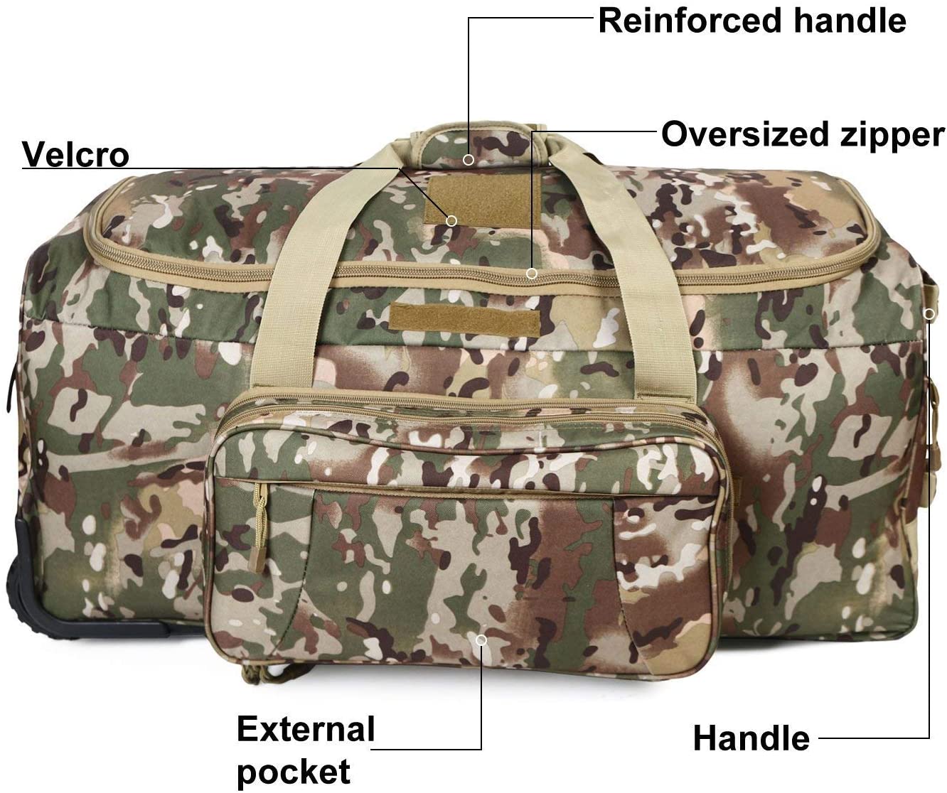 Camouflage Tactical Rolling Duffle Bag, Wheeled Tactical Gear Luggage with Detachable Front Pouch, Large Capacity Travel Storage Bag for Hunting, Shooting, Outdoor Deployment