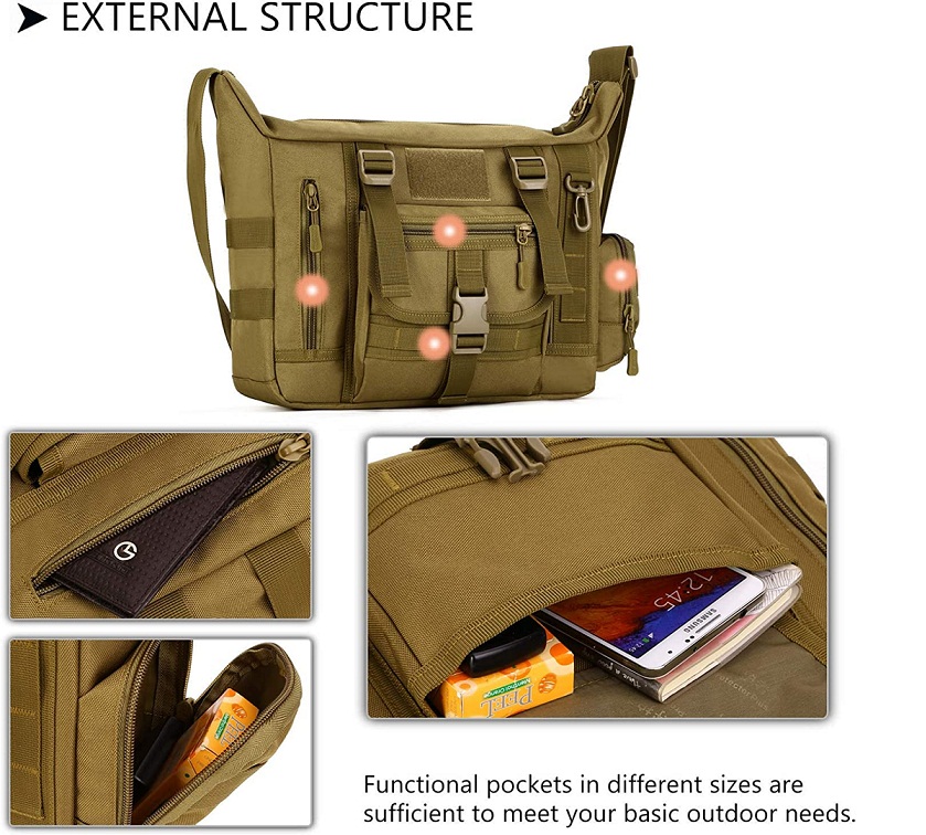 Tactical Messenger Bag, Multi-Pocket MOLLE Crossbody Shoulder Bag with Detachable Accessory Pouch & US Flag Patch